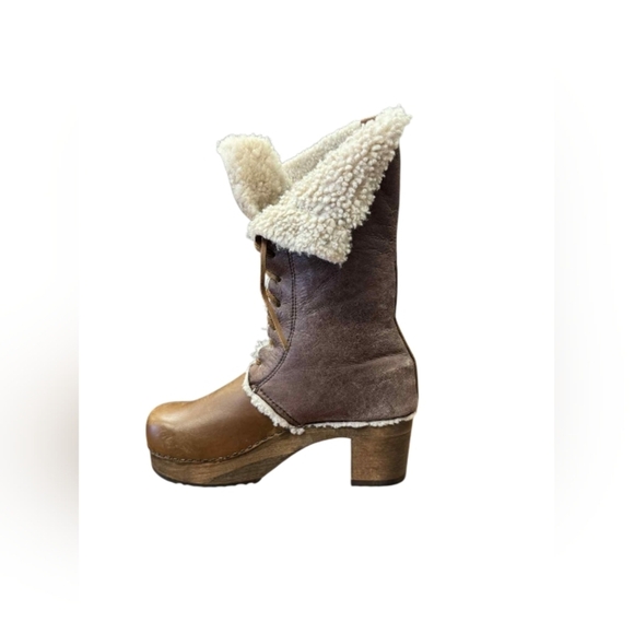 Sanita Clogs Block Boots Leather Wood Real Fur Lamb Brown/White Size 41 EUC - Picture 3 of 9
